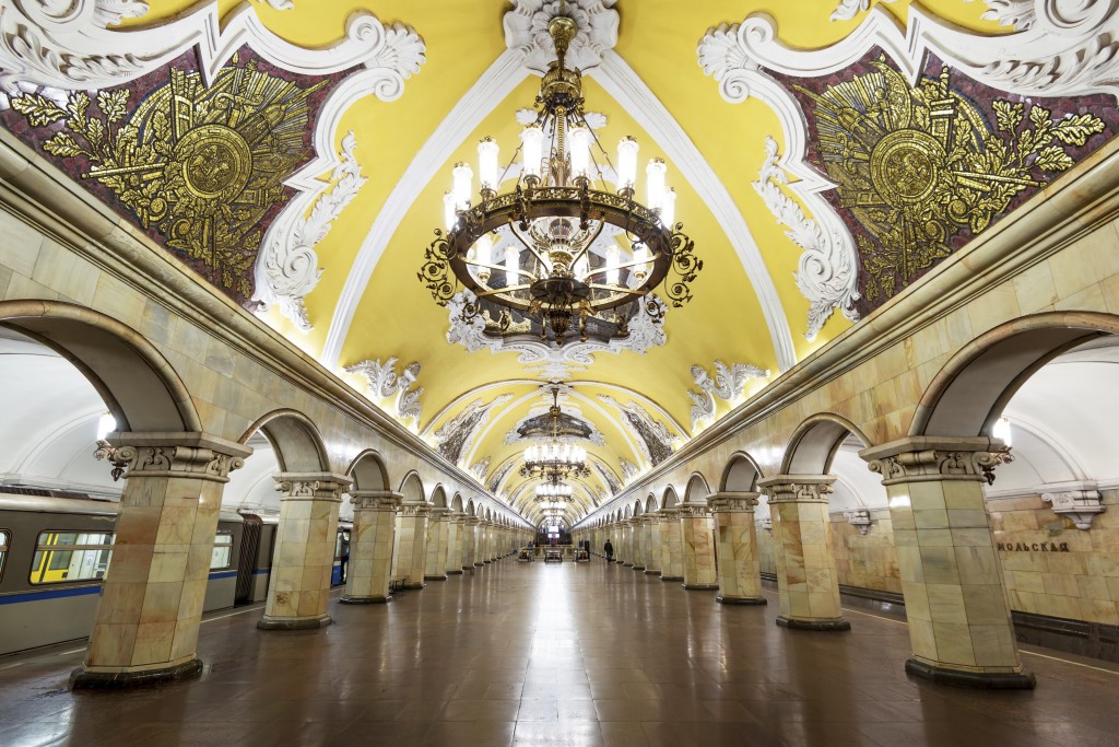Train at the metro station Komsomolskaya in Moscow, Russia