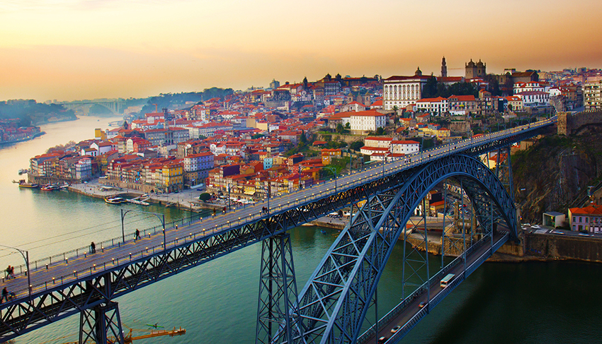 panorama of old Porto at sunset, Portugal