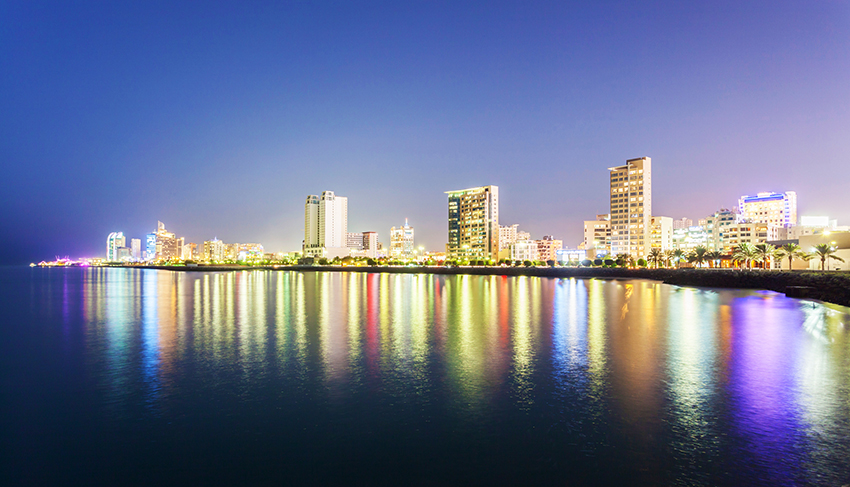 Skyline of Salmiya at night. Kuwait City, Middle East